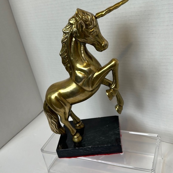 Vintage Solid Brass Unicorn Horse Figurine Black Marble Base 10" Heavy - Picture 5 of 8